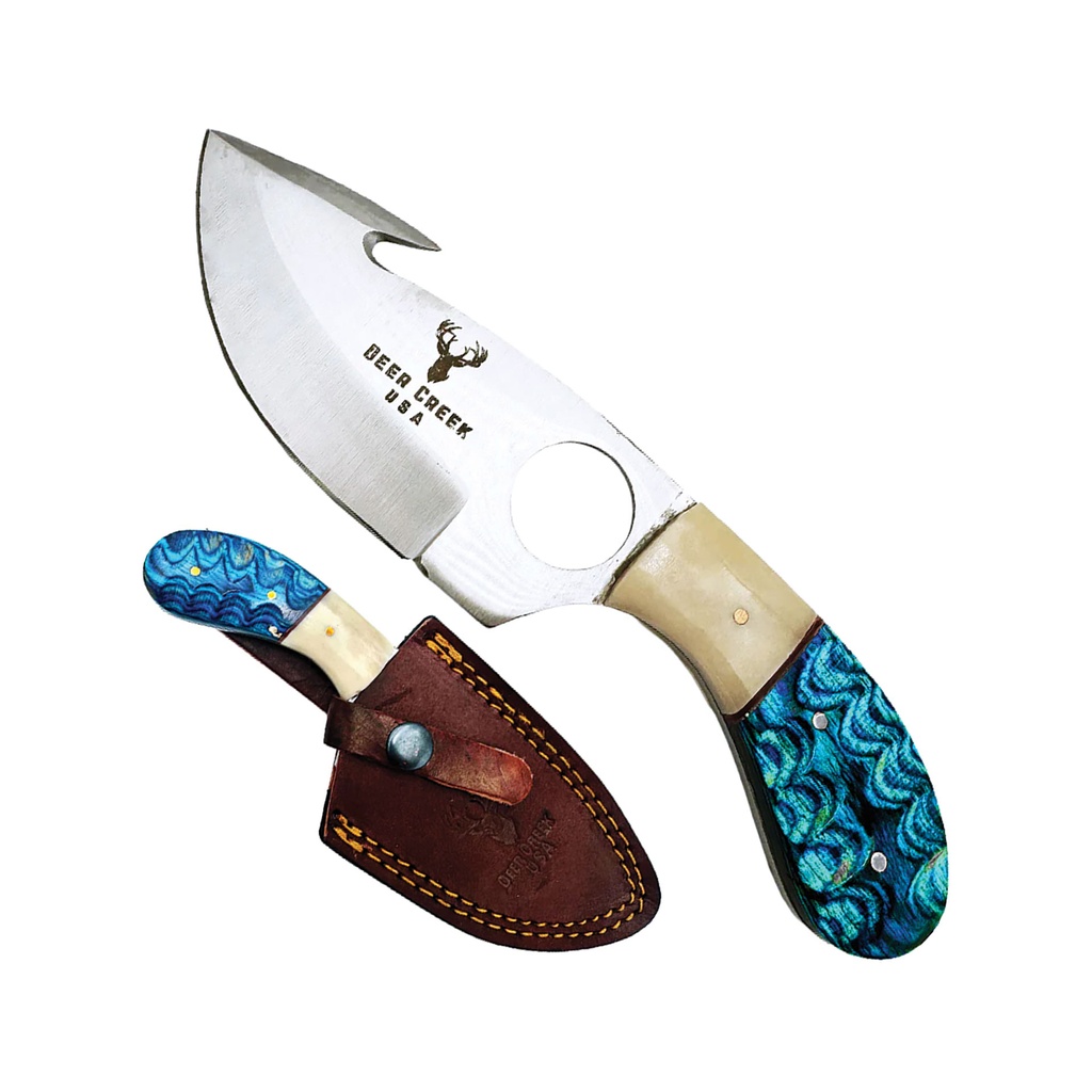 Split-Ridge Instinctive-Control Gut Hook Hunting Knife - Blue Pakkawood & Bone