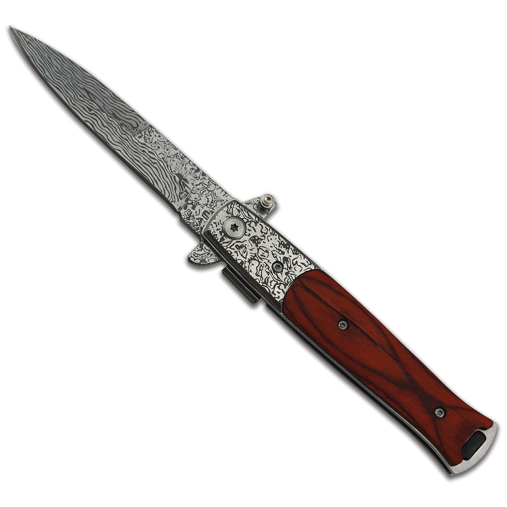Damascus Vein Quick-Deploy Spring Assisted Knife - Polished Wood