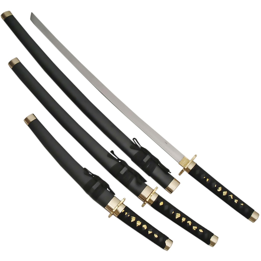 Onyx Crest Three-Blade Samurai Sword Set - Black/Gold
