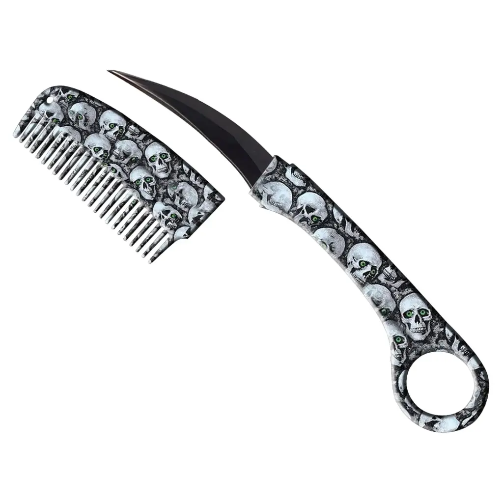 Green-Eyed Reaper Karambit Comb Knife - Black Skull