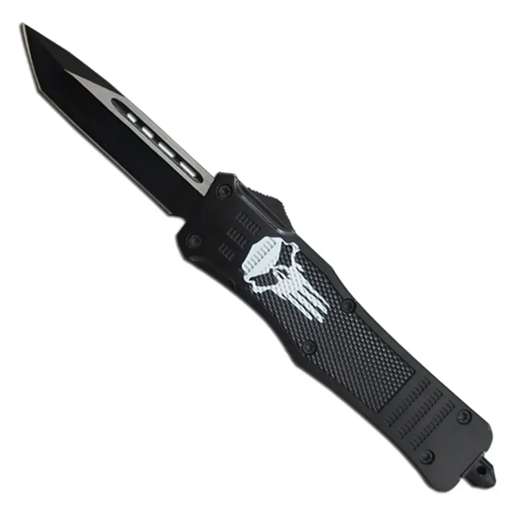 Punisher Skull Lightning-Deploy OTF Knife - Matte Black