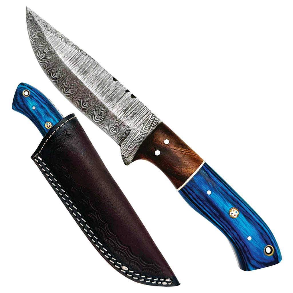 Ridgewave Full-Tang Damascus Hunting Knife - Blue Wood