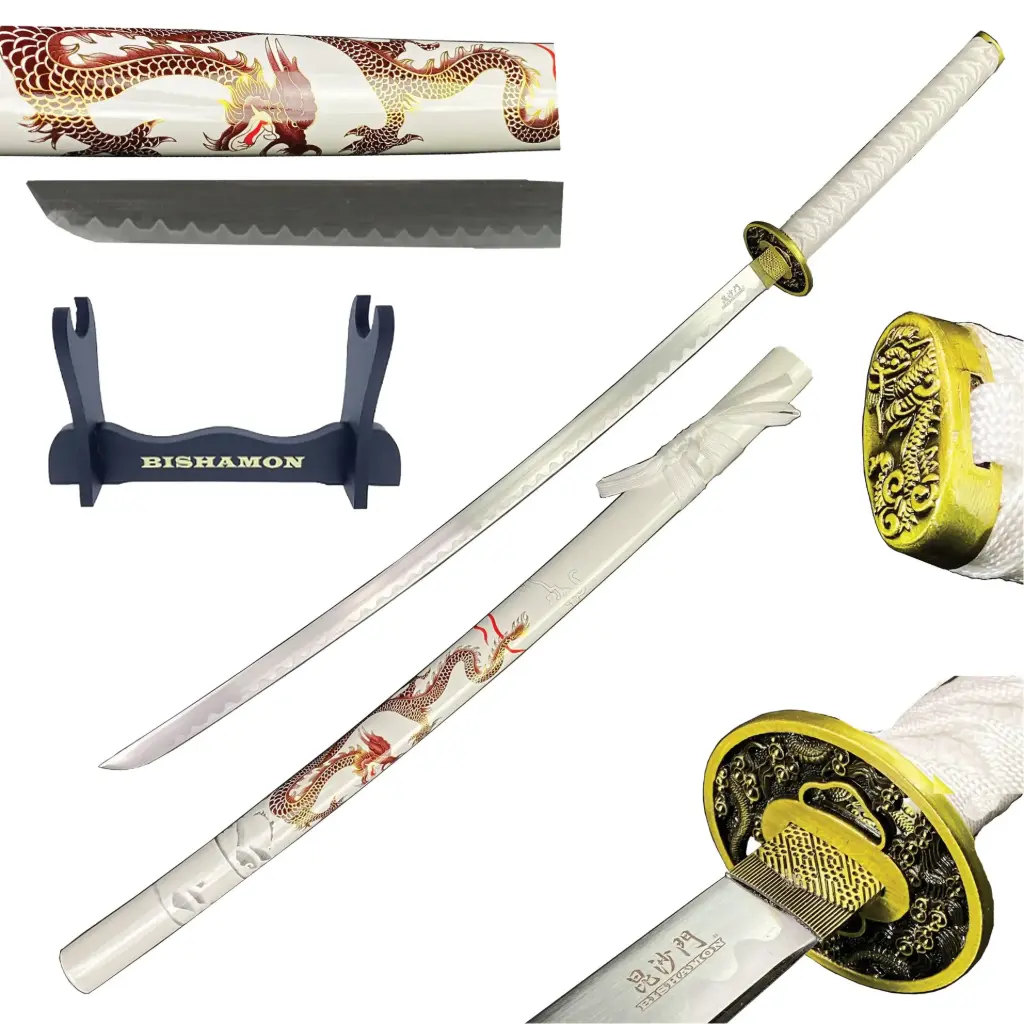White Dragon Vigil Samurai Sword Display Set - Carbon Steel