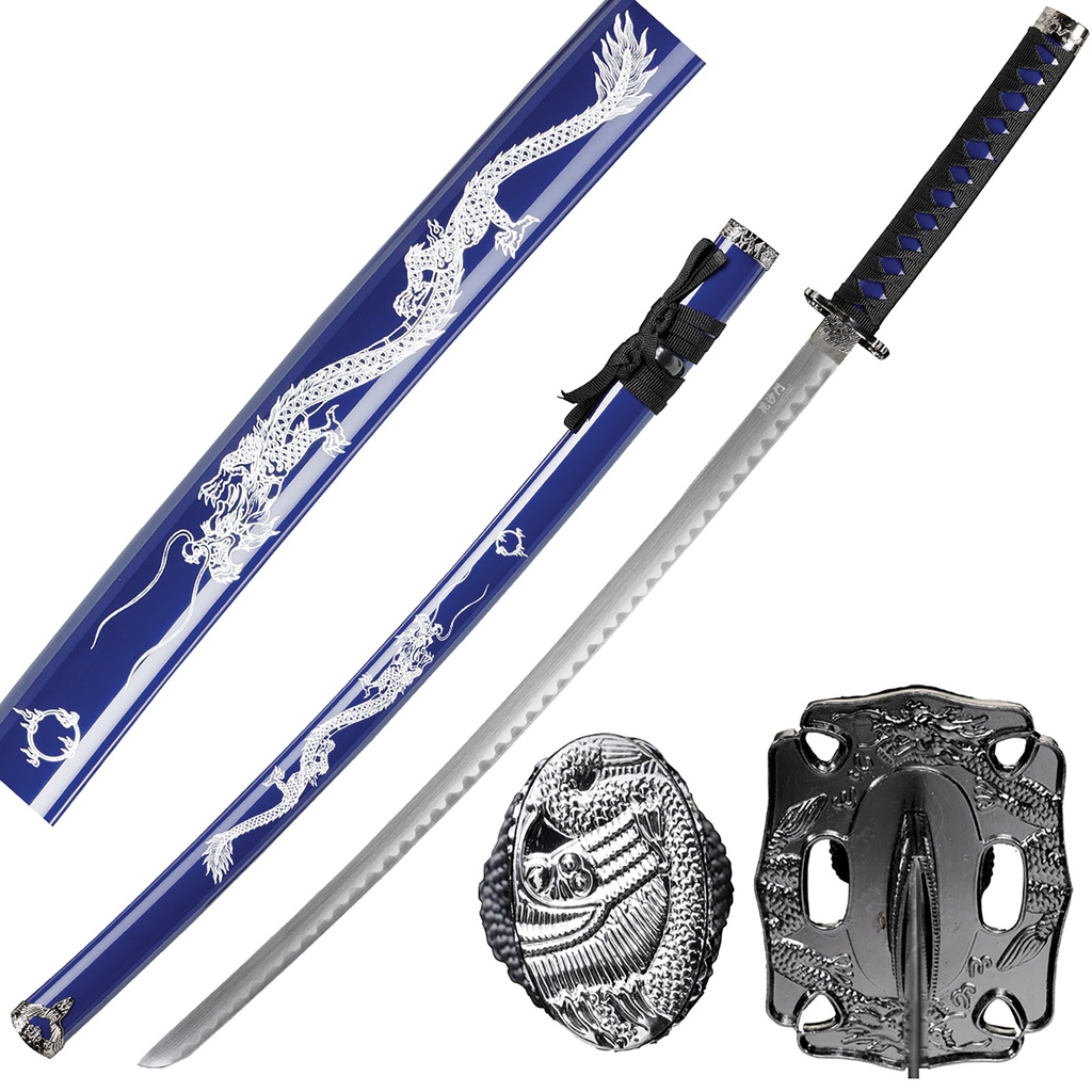 Blue Dragon Guardian Samurai Sword Display - Glossy Blue